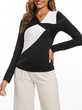 Black White Patchwork Twist T-Shirt, Long Sleeve Elegant Ladies Blouse